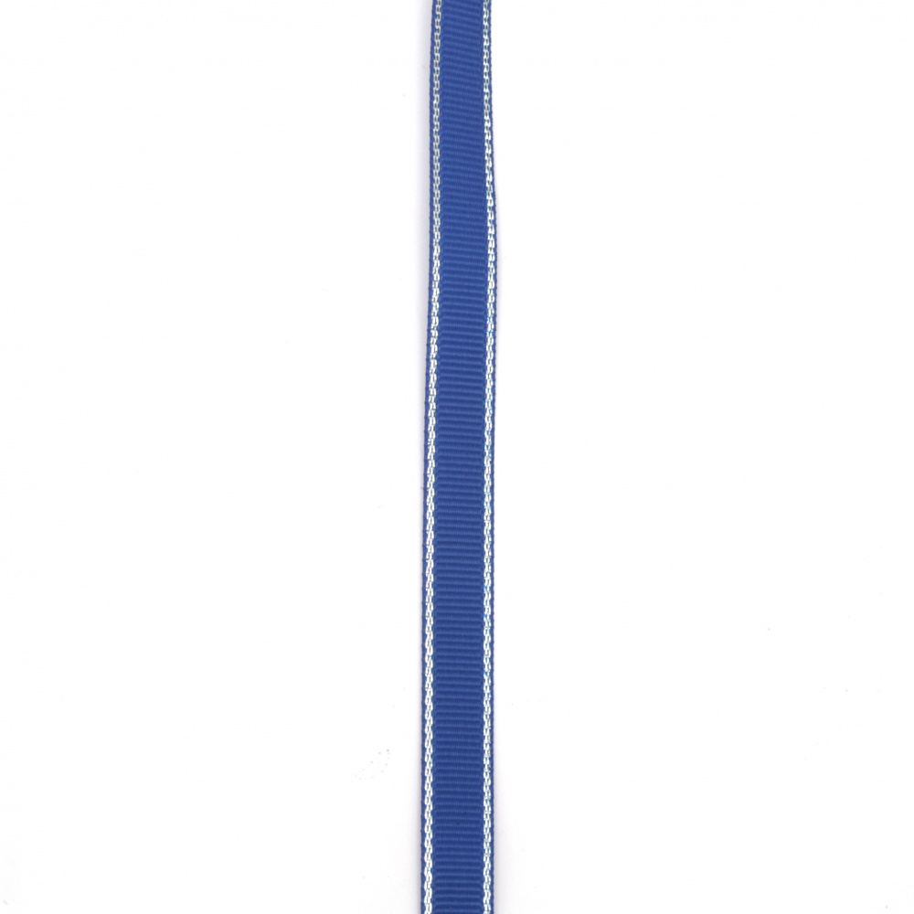 Лента сатен 9 мм рипс синя с ламе сребро -5 метра