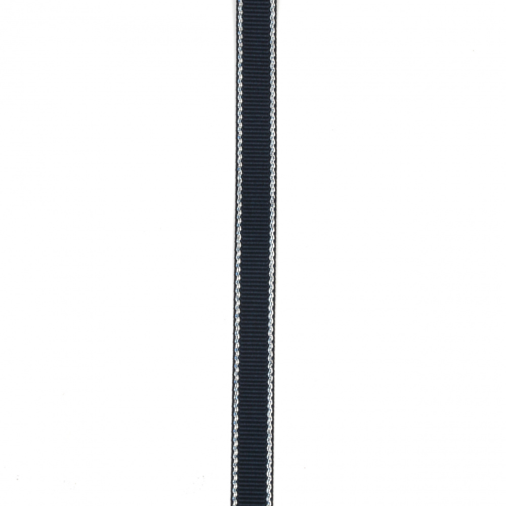 Лента сатен 9 мм рипс синя тъмна с ламе сребро -5 метра