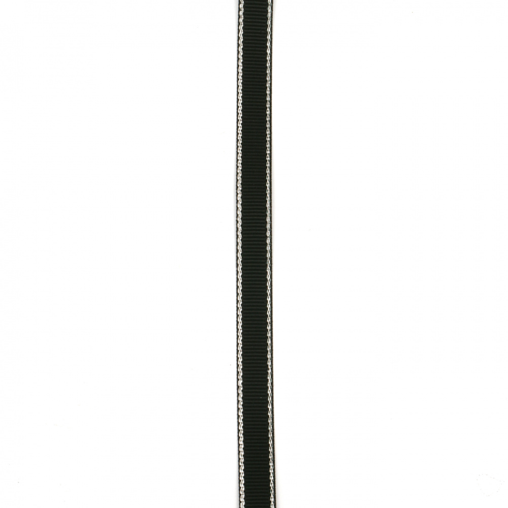 Лента сатен 9 мм рипс черна с ламе сребро -5 метра