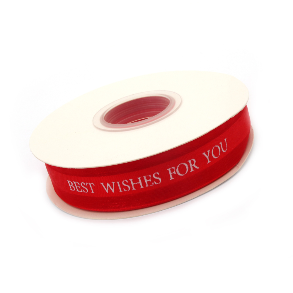 "Best Wishes For You" Organza Ribbon, 2.5 cm, with Red Color and White greeting letters - 5 meters