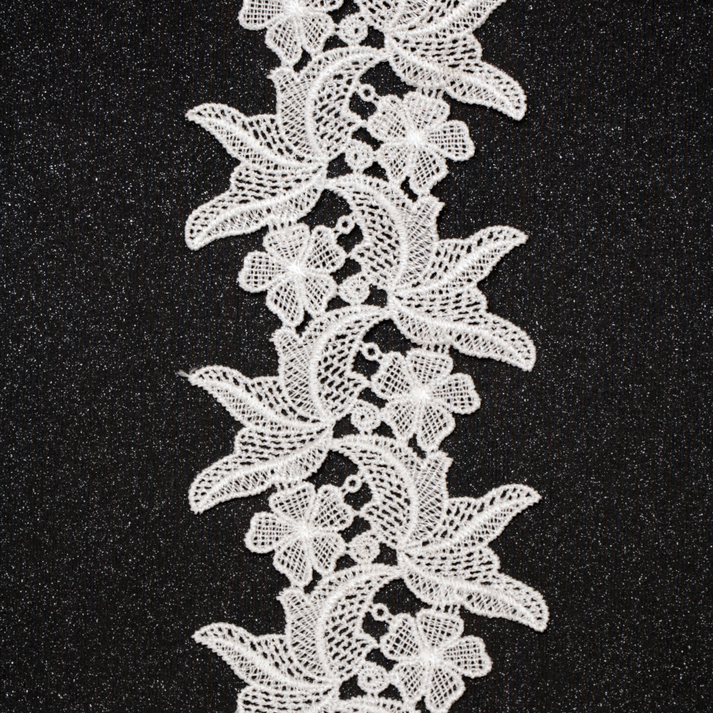 Strip of Crocheted Lace with Floral Pattern / 75 mm / White - 1 meter