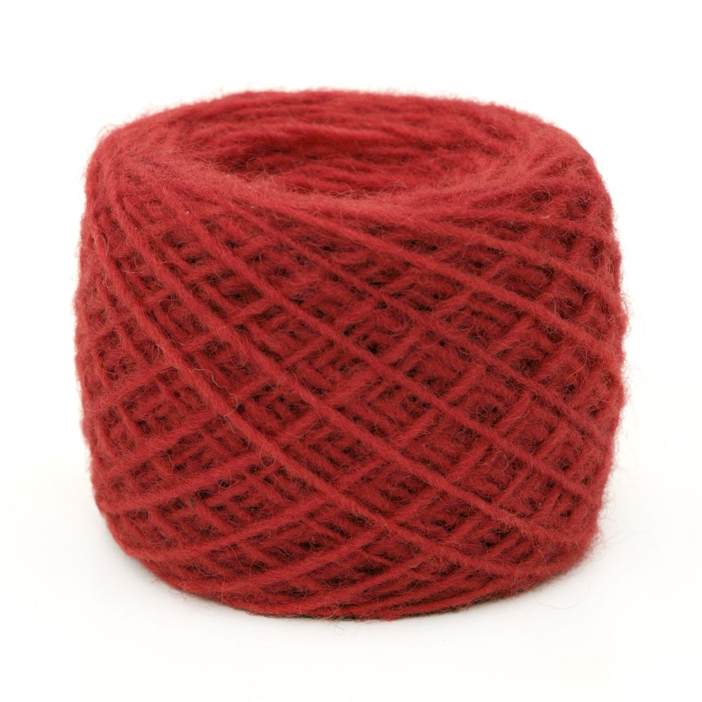 Natural Wool Yarn / 2 mm, 1x1 Layers / Red -100 grams