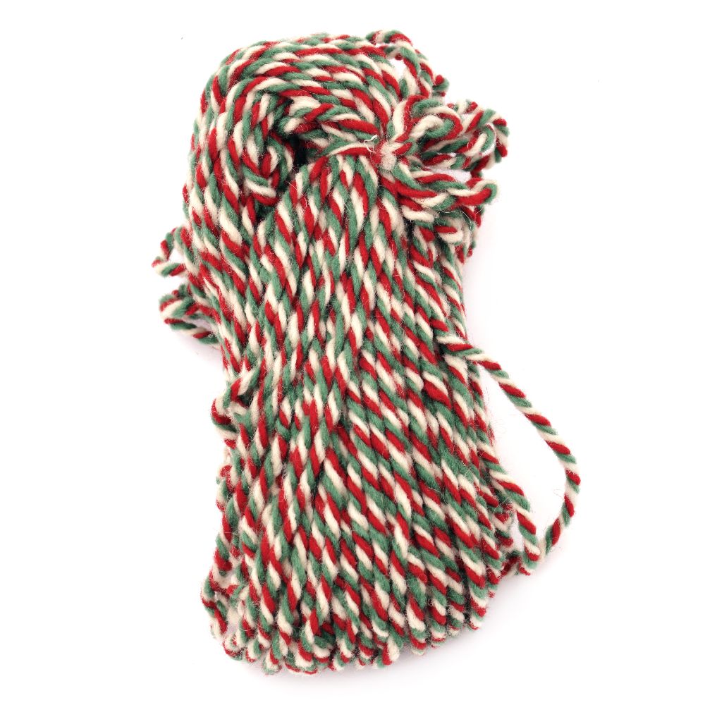 Triple-Ply Wool Yarn, White, Green, Red - 100 Grams