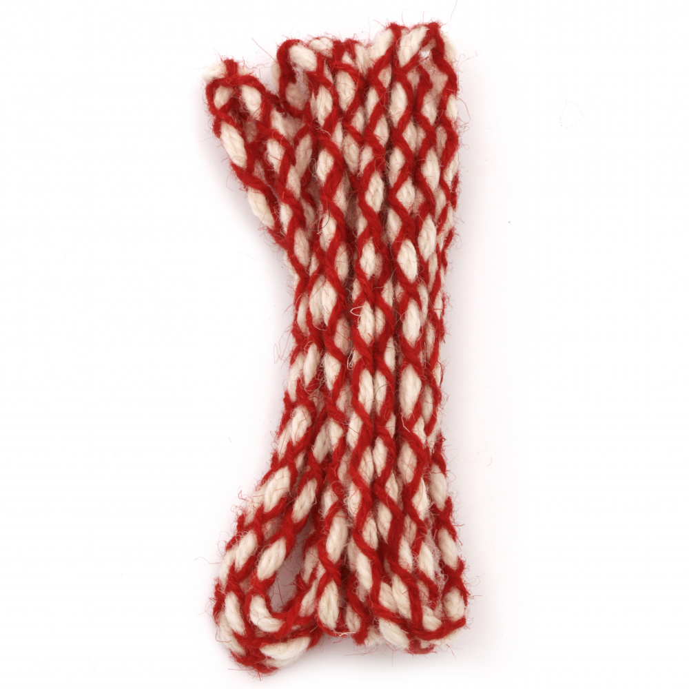 Braided MARTENITSA Cord, 100% WOOL / Red and White / 6 mm - 3 meters
