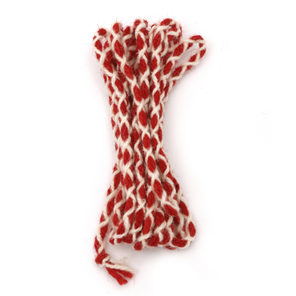 Round Martenitsa Cord, 100% Wool / 6 mm / Red-White - 3 meters