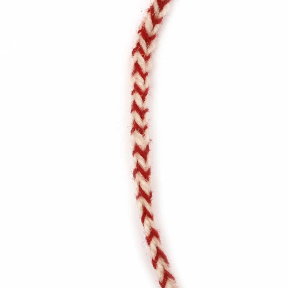 Flat Braided Martenitsa Cord, 100% Wool / 6 mm / Color: White-Red - 3 meters