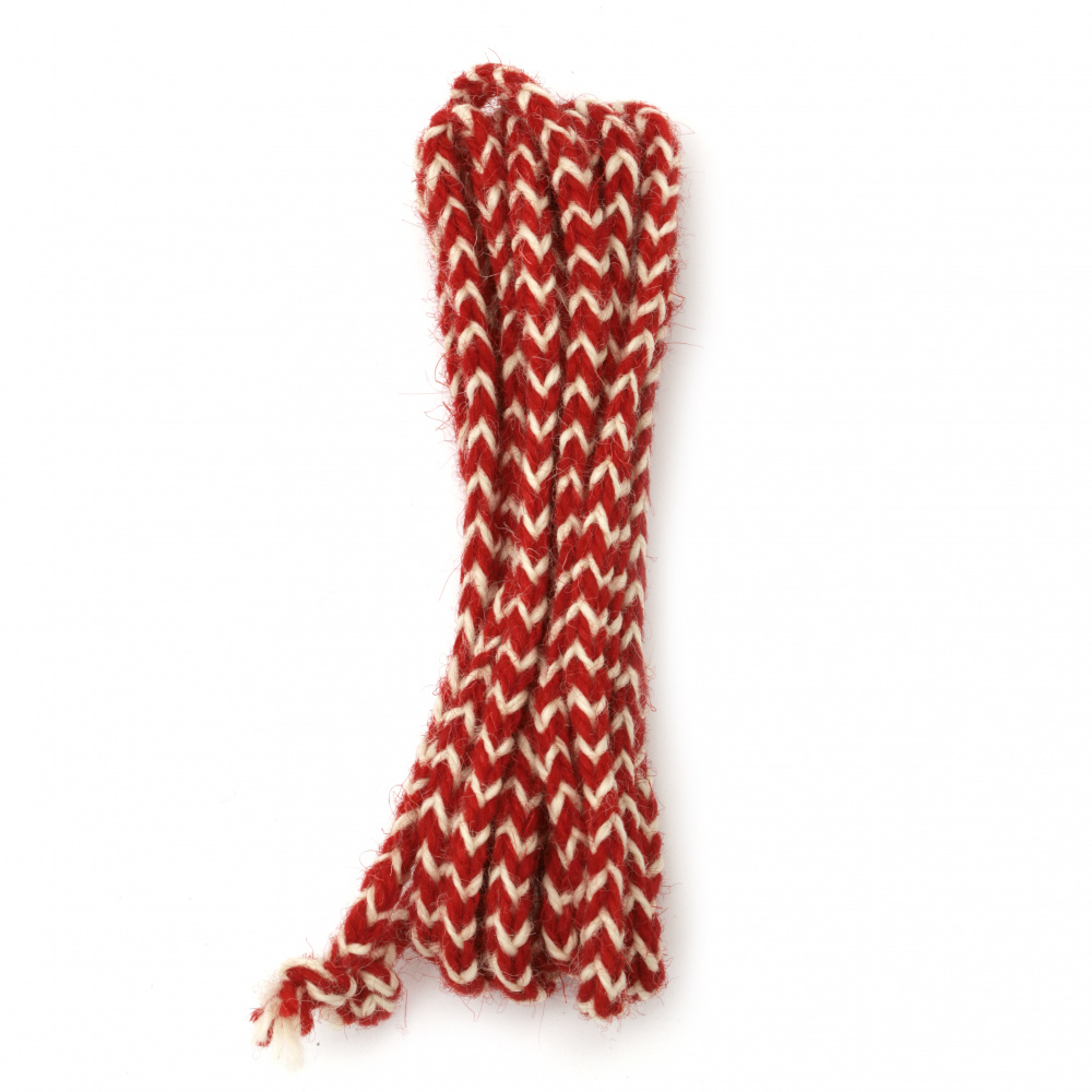 Braided MARTENITSA Cord, 100% WOOL / Red and White / 6 mm - 3 meters