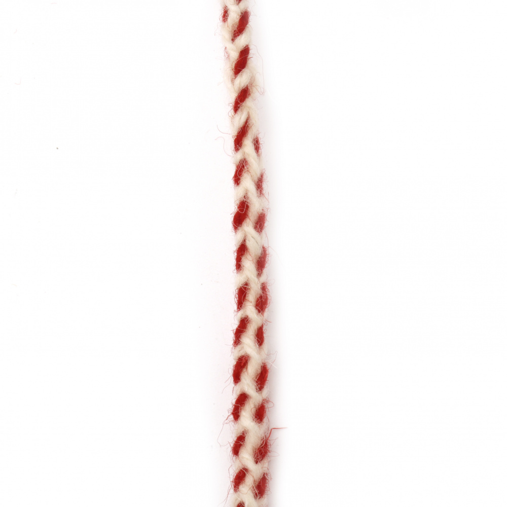 Braided MARTENITSA Cord, 100% WOOL / White and Red / 8 mm - 3 meters
