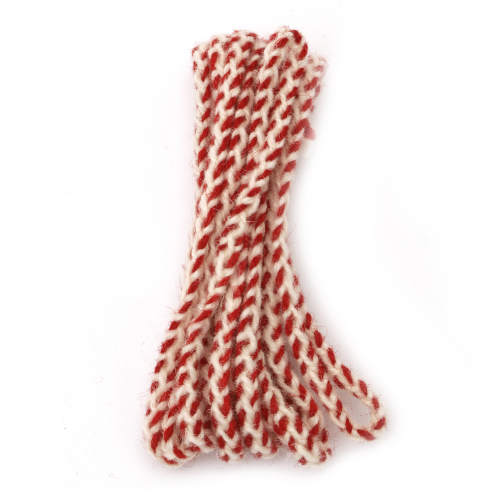 Braided MARTENITSA Cord, 100% WOOL / White and Red / 8 mm - 3 meters