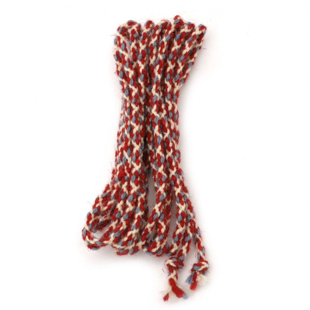 Tricolor Braided Cord for BABA MARTA Day, 100% WOOL / Red, White and Blue / 5 mm - 3 meters