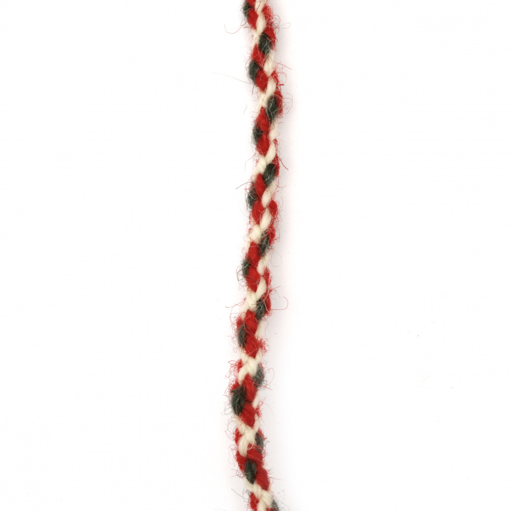 Tricolor Braided Cord, 100% WOOL / Red, White and Green / 5 mm - 3 meters
