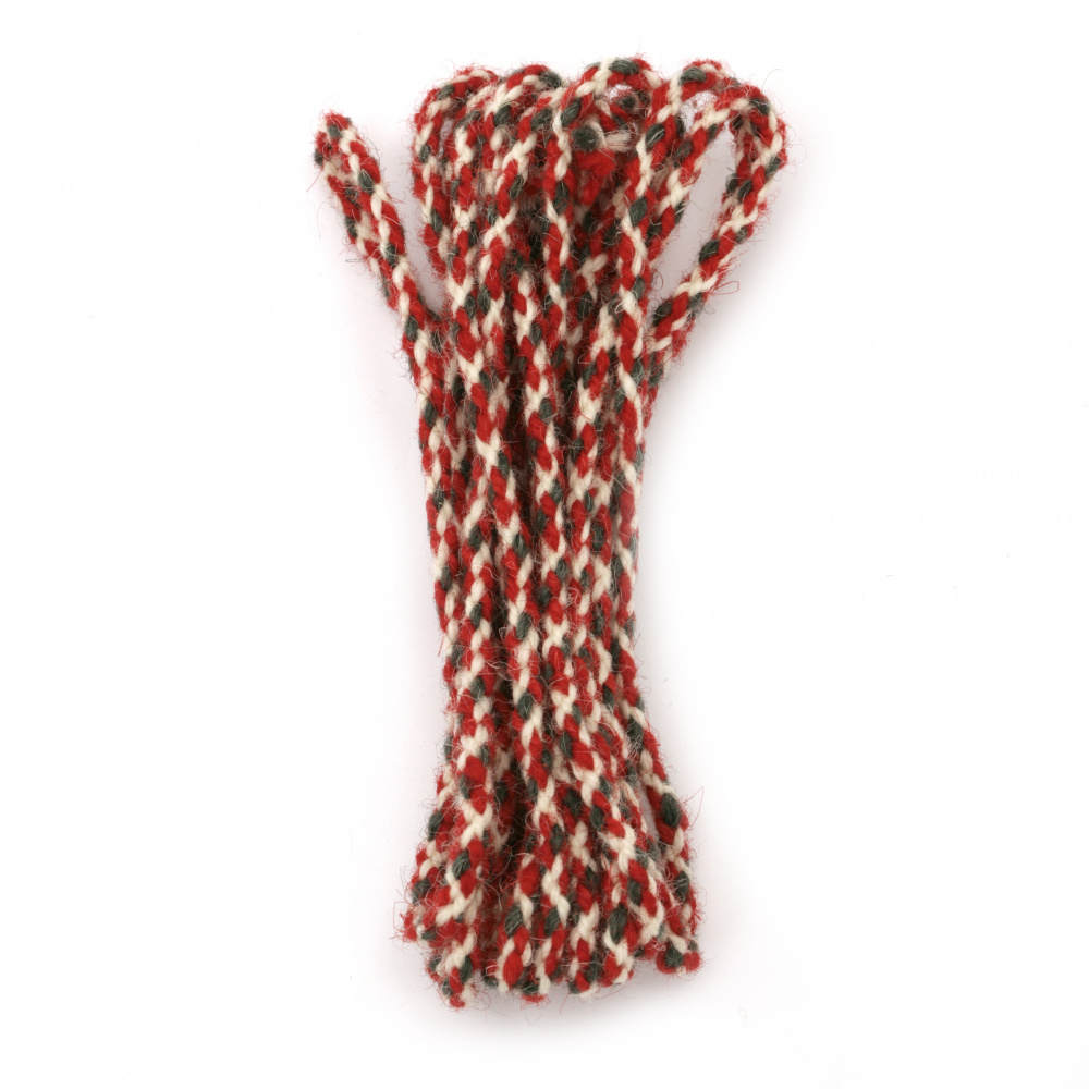 Tricolor Braided Cord, 100% WOOL / Red, White and Green / 5 mm - 3 meters