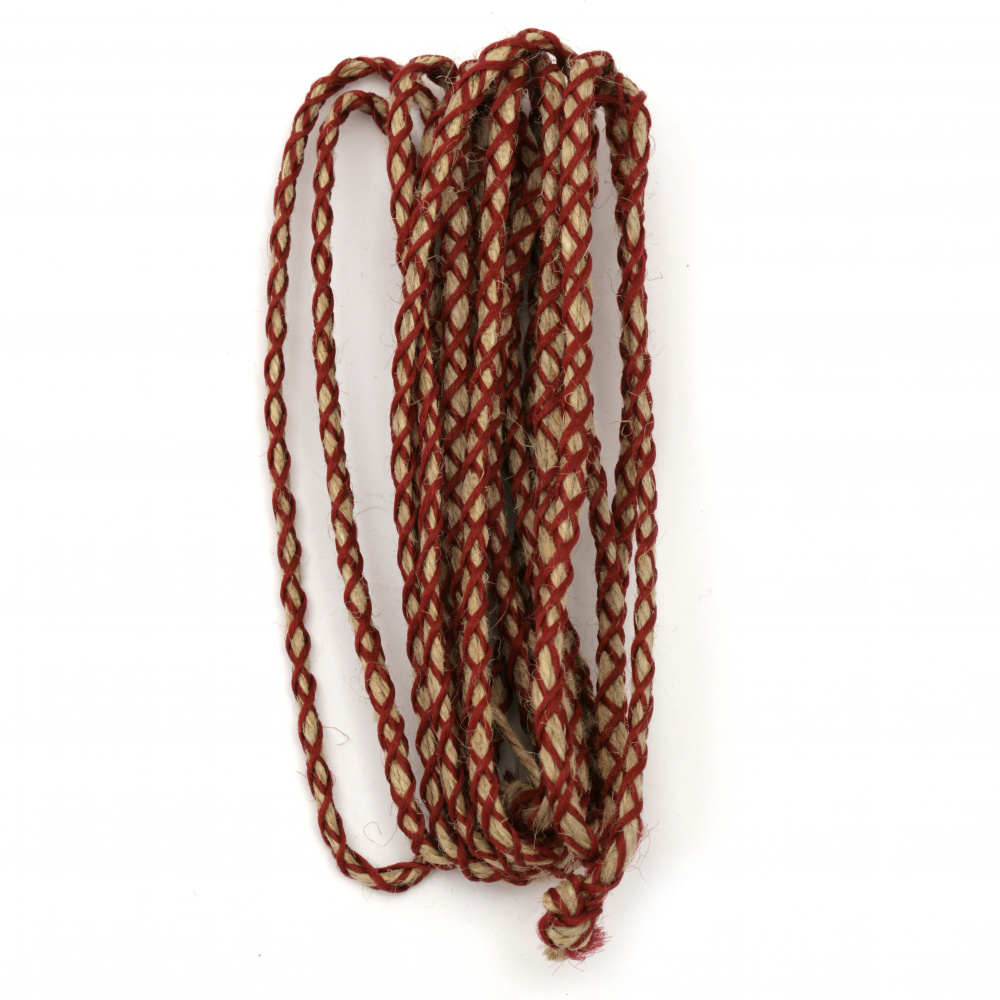 Braided Twine with Viscose Cord / Beige and Red / 5 mm - 3 meters