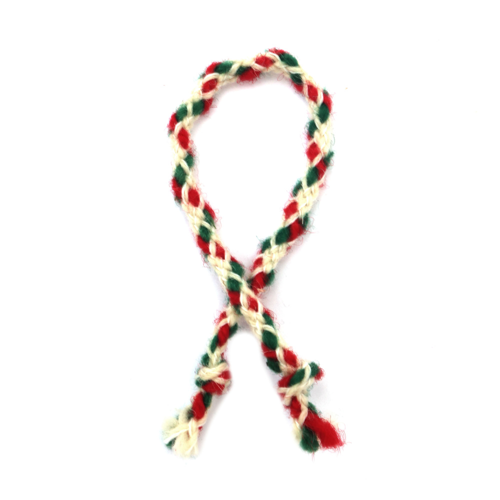 Round Cord, 5 mm, 100% Wool, White, Red, Green - 3 Meters
