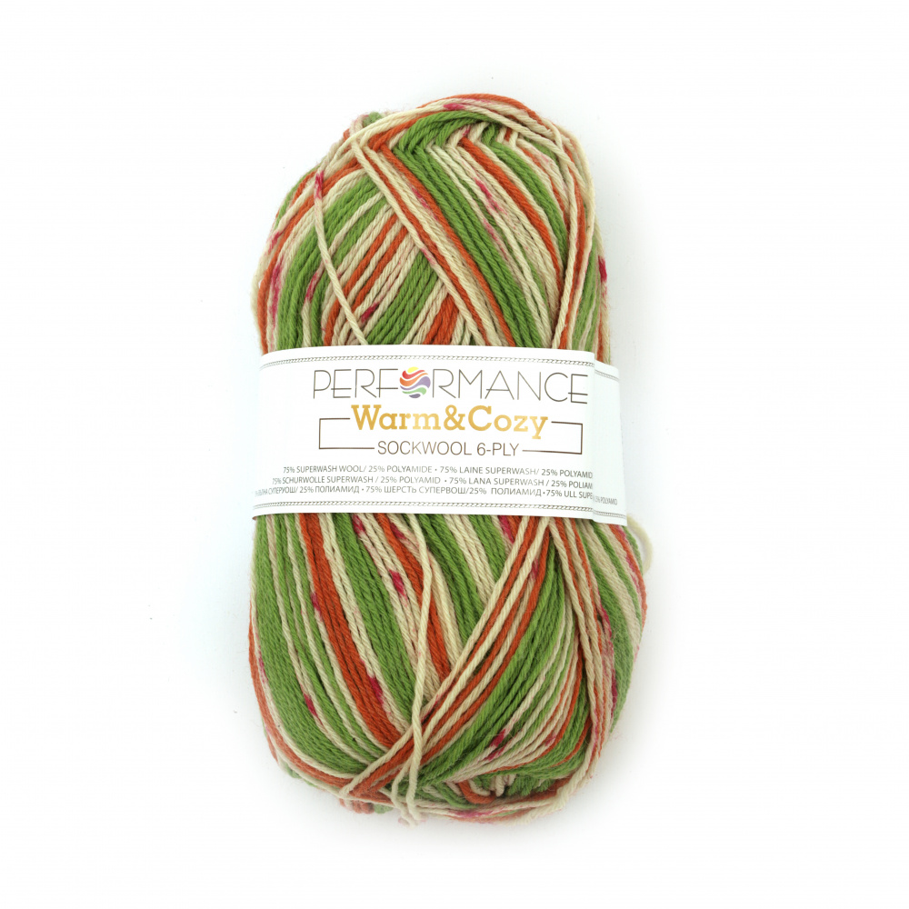 Yarn WARM&COZY - 75% Superwash Wool, 25% Polyamide / Color: Orange, White, Green / 100 grams - 260 meters
