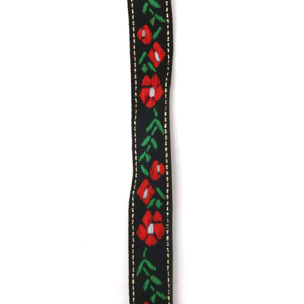 Díszítő paszomány szalag, 15 mm, fekete, piros virágokkal, zöld levelekkel, fémes Lurex szegéllyel – 5 m