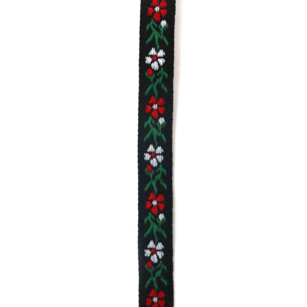 Díszítő szegőszalag, 12 mm, fekete alapon fehér és piros virágokkal, zöld levelekkel – 5 m