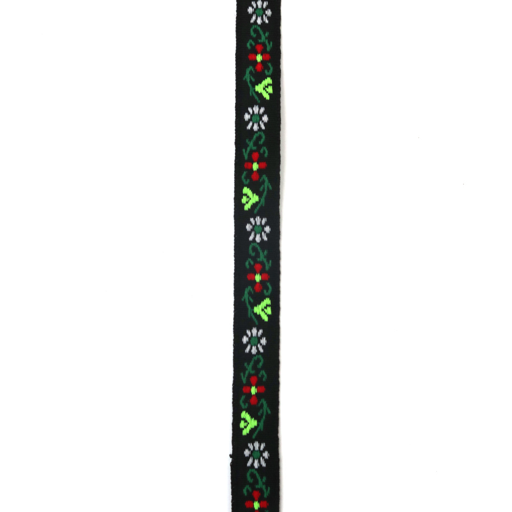 Dekorációs szegőszalag, 12 mm, fekete alapon fehér és piros virágokkal, zöld levelekkel, 5 m