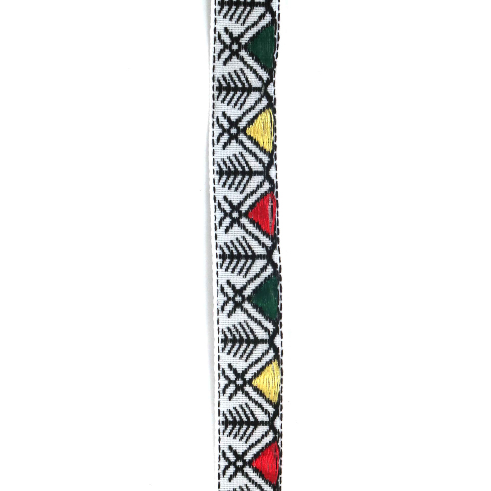 Passamaneria decorativa bianca 15 mm con righe nere e triangoli rosso-verdi, 5 metri