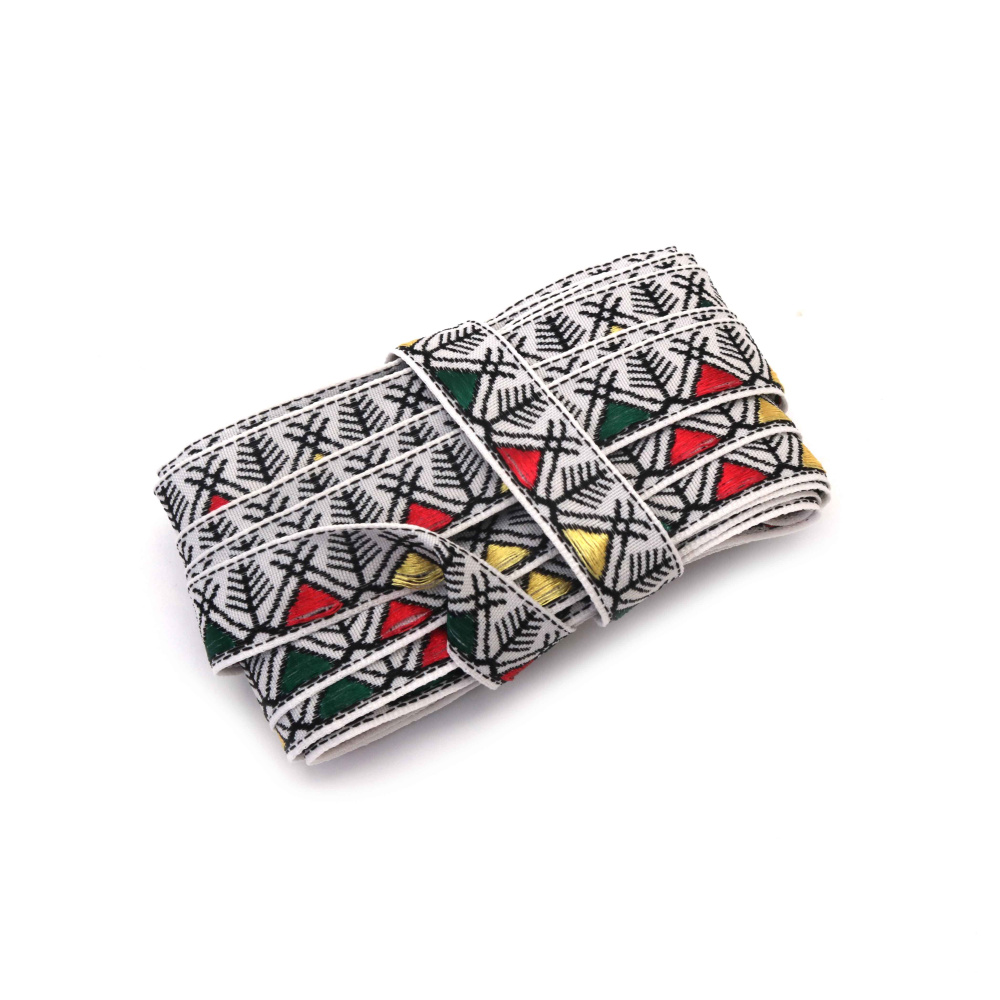 Passamaneria decorativa bianca 15 mm con righe nere e triangoli rosso-verdi, 5 metri