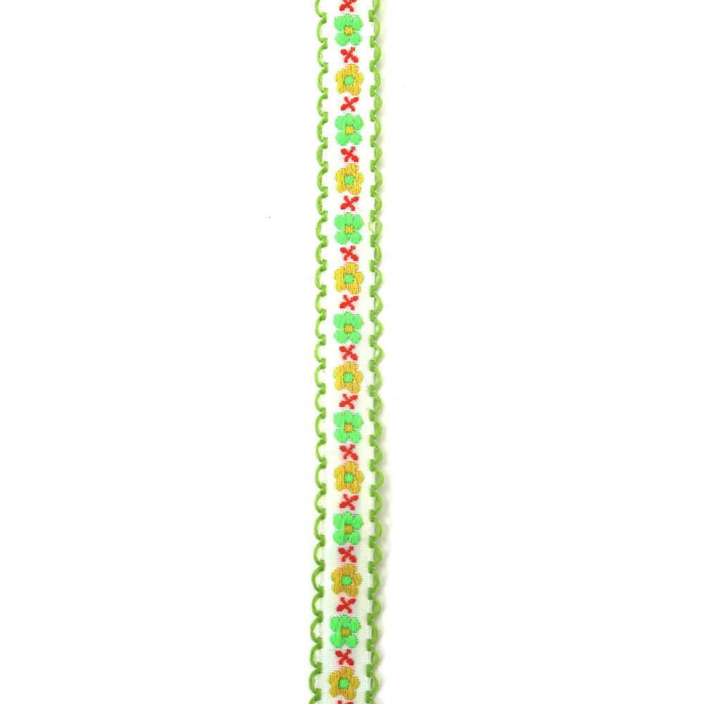 Passamaneria Decorativa 12 mm, Bianco con Fiori Gialli e Verdi, Foglie Rosse e Bordo Verde - 5 m