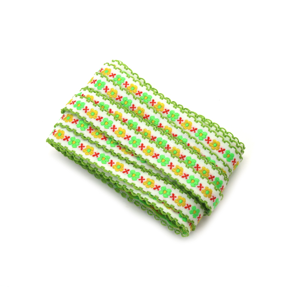 Passamaneria Decorativa 12 mm, Bianco con Fiori Gialli e Verdi, Foglie Rosse e Bordo Verde - 5 m
