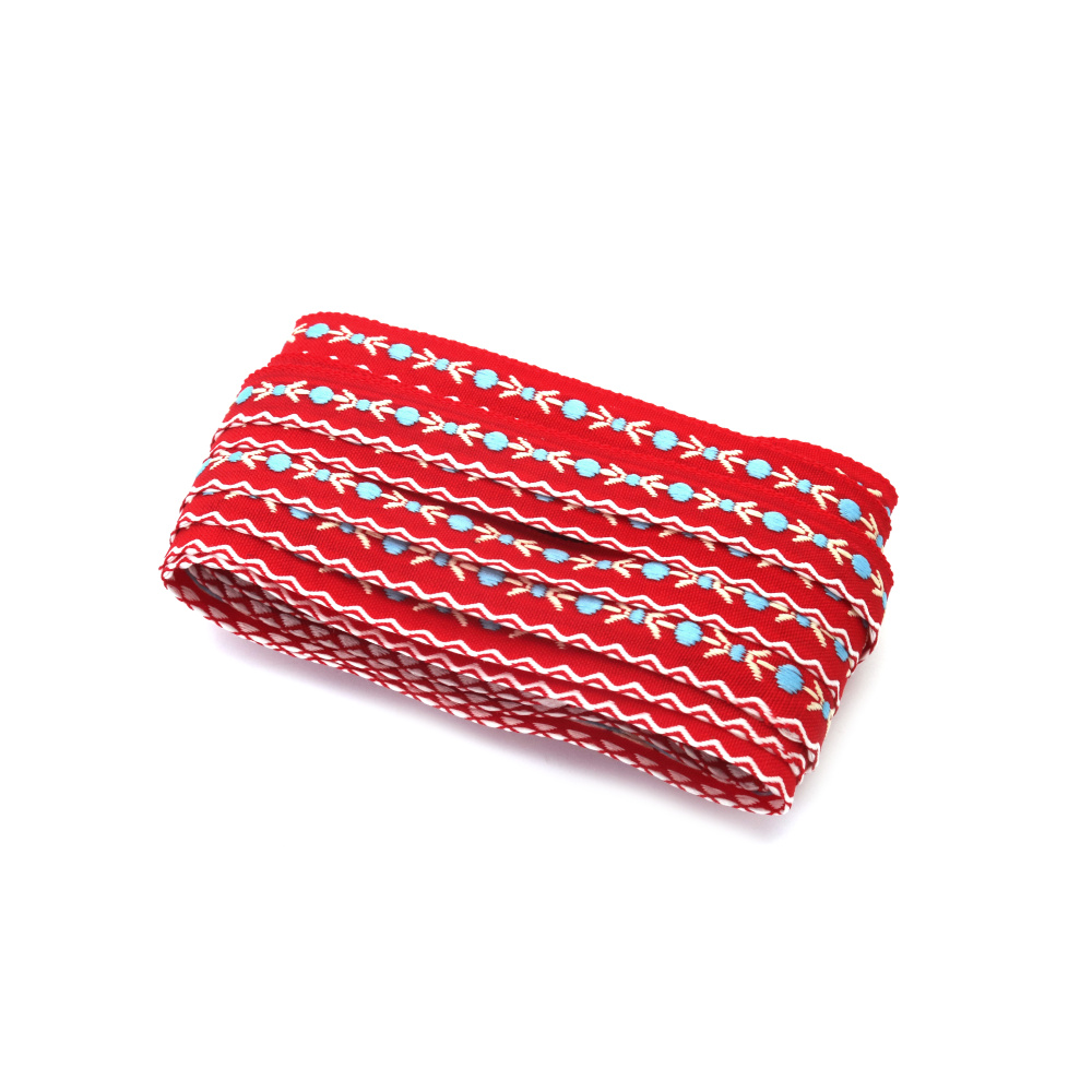 Nastro Passamaneria Decorativo 12 mm Rosso con Bianco, Beige e Blu - 5 metri