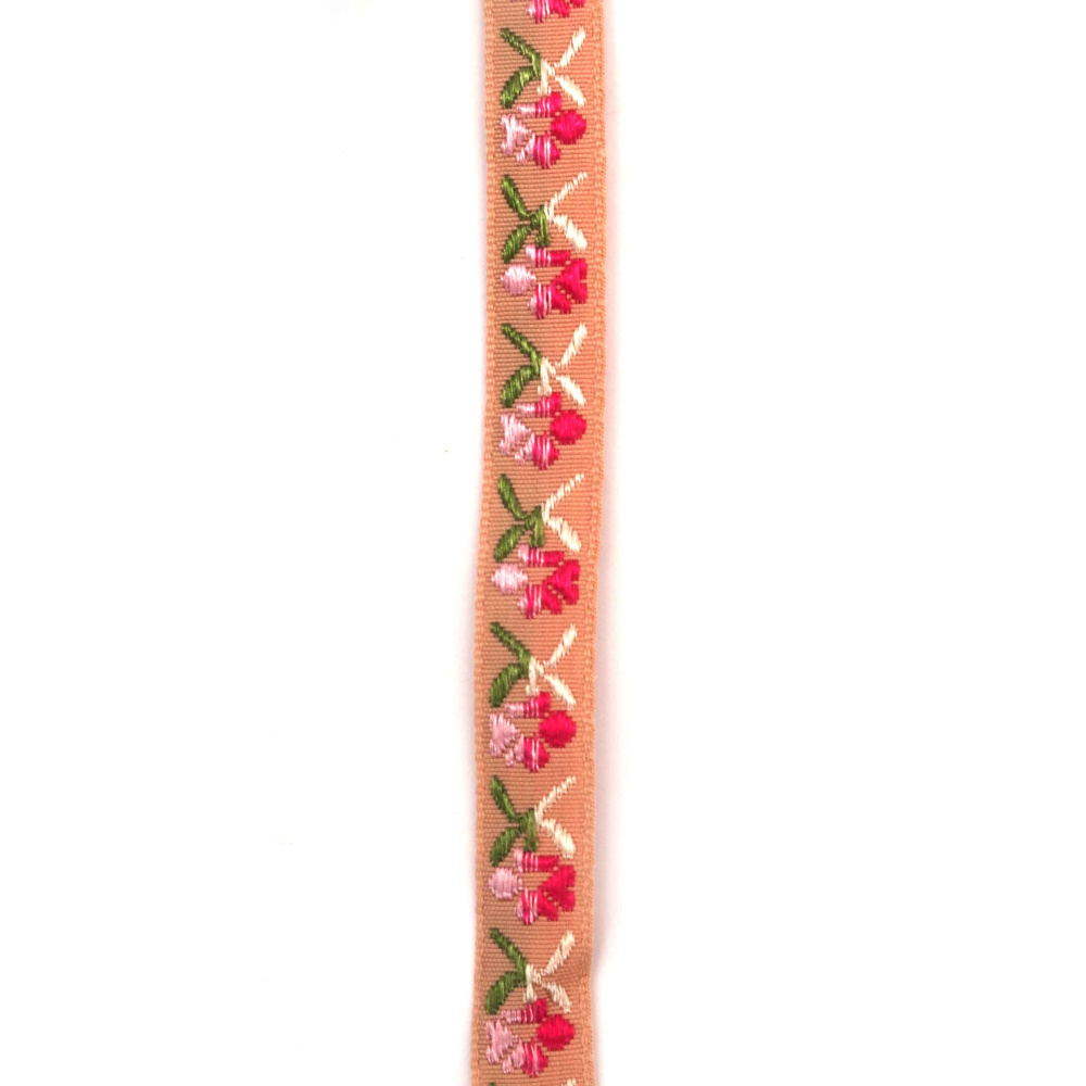 Nastro Passamaneria Decorativo 12 mm, Colore Nude con Fiori Rosa e Foglie Beige e Verdi - 5 metri