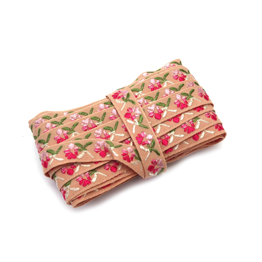Nastro Passamaneria Decorativo 12 mm, Colore Nude con Fiori Rosa e Foglie Beige e Verdi - 5 metri