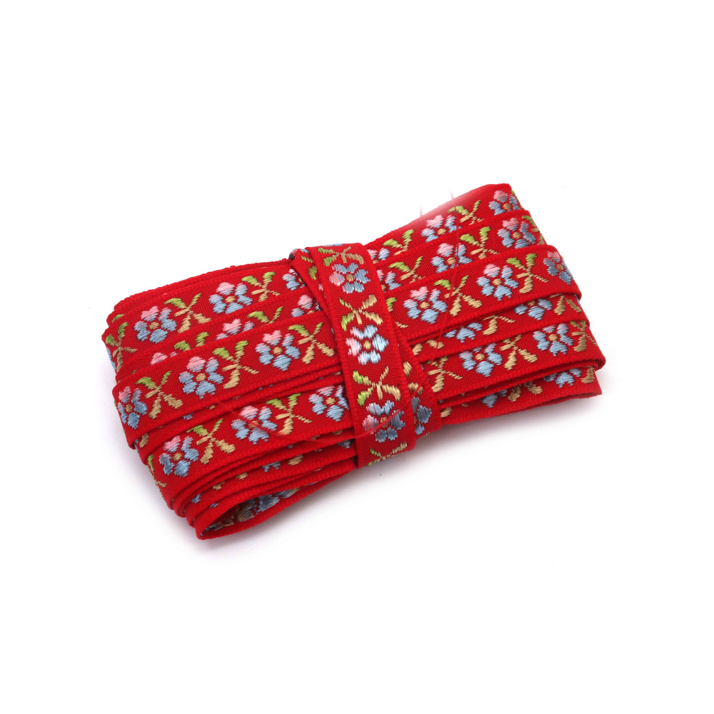 Nastro passamaneria decorativo 12 mm, rosso con giallo, rosa, verde e blu - 5 metri