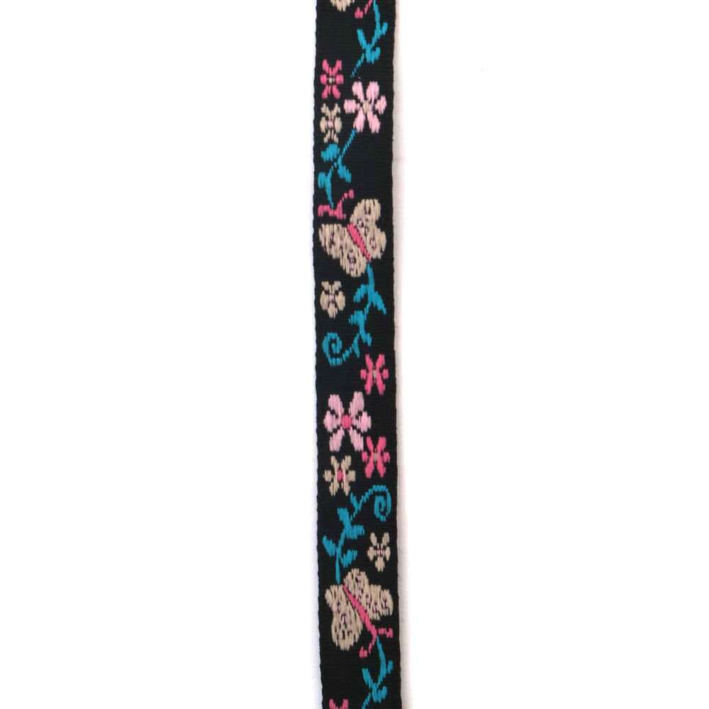 Nastro Decorativo Passamaneria 11 mm, Nero con Fiori Rosa e Beige e Rametti di Foglie Blu - 5 m