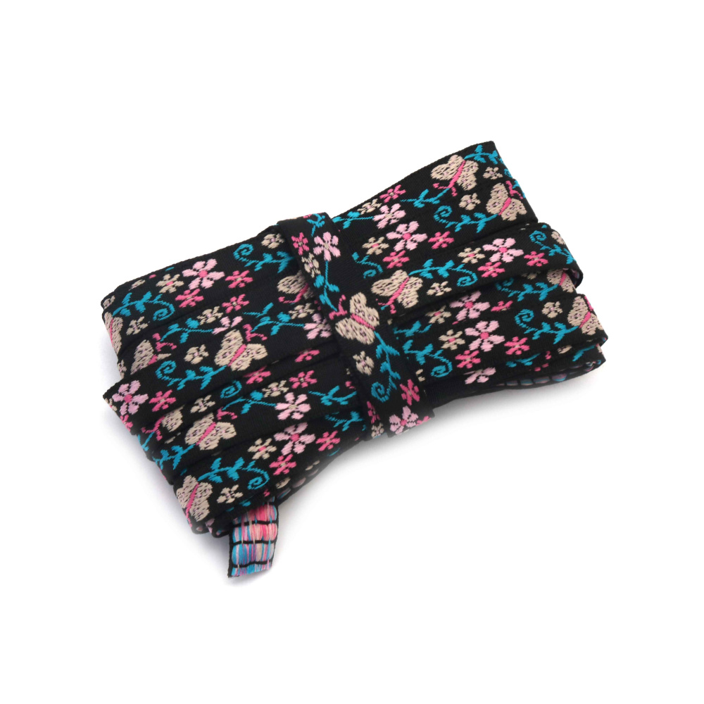 Nastro Decorativo Passamaneria 11 mm, Nero con Fiori Rosa e Beige e Rametti di Foglie Blu - 5 m