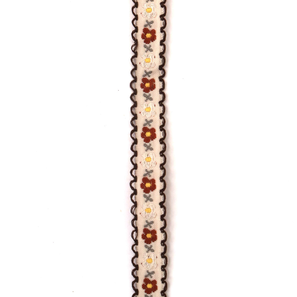 Nastro di passamaneria decorativa 12 mm bianco con fiori marroni e bianchi, stami gialli, foglie grigie e bordino marrone - 5 metri