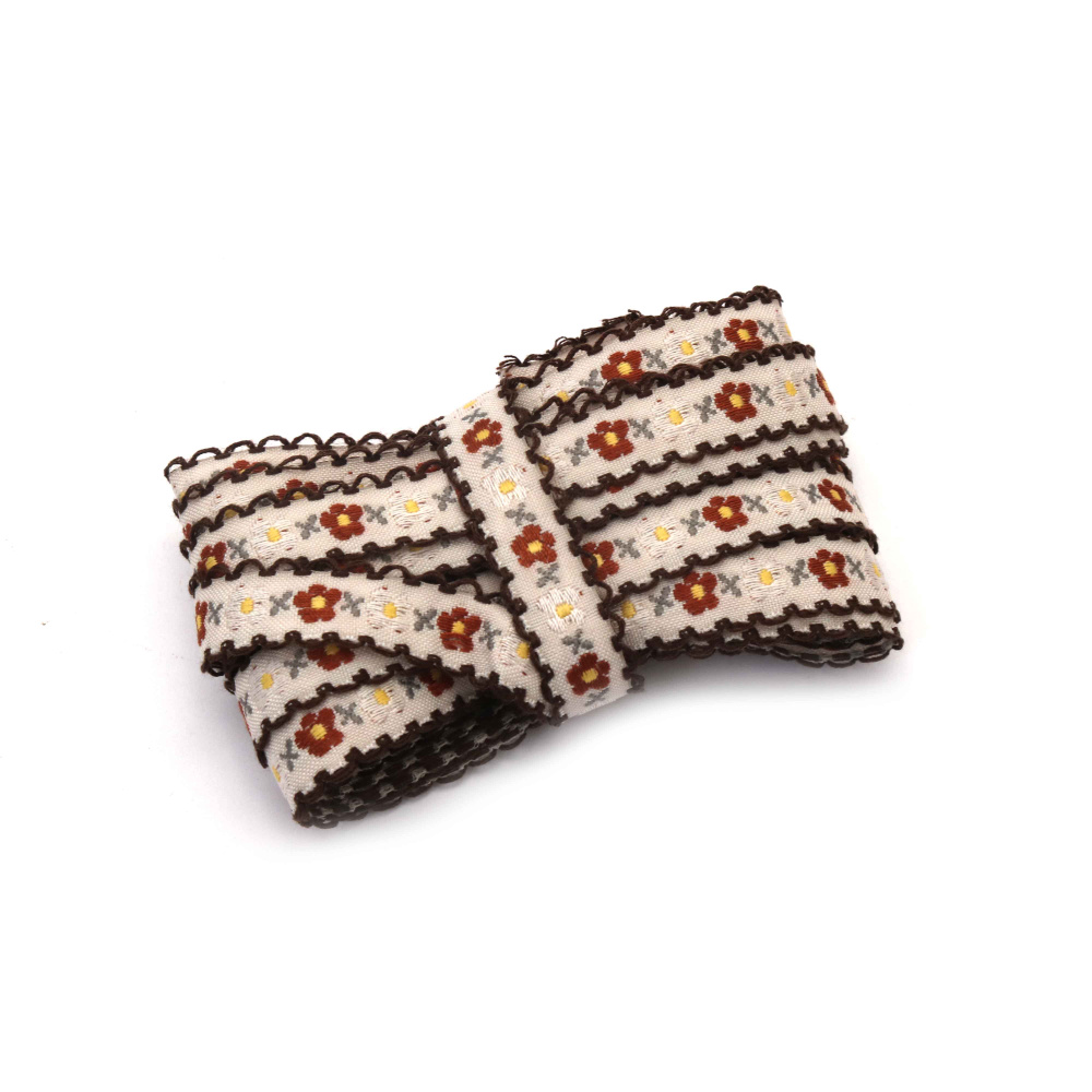 Nastro di passamaneria decorativa 12 mm bianco con fiori marroni e bianchi, stami gialli, foglie grigie e bordino marrone - 5 metri