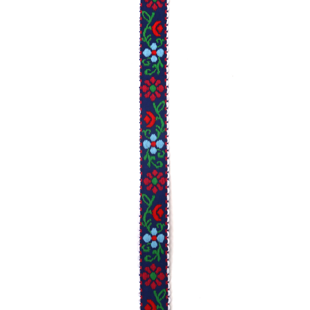 Nastro passamaneria decorativo 14 mm, blu scuro con fiori rosa, rossi e blu e rametti con foglie verdi, 5 metri