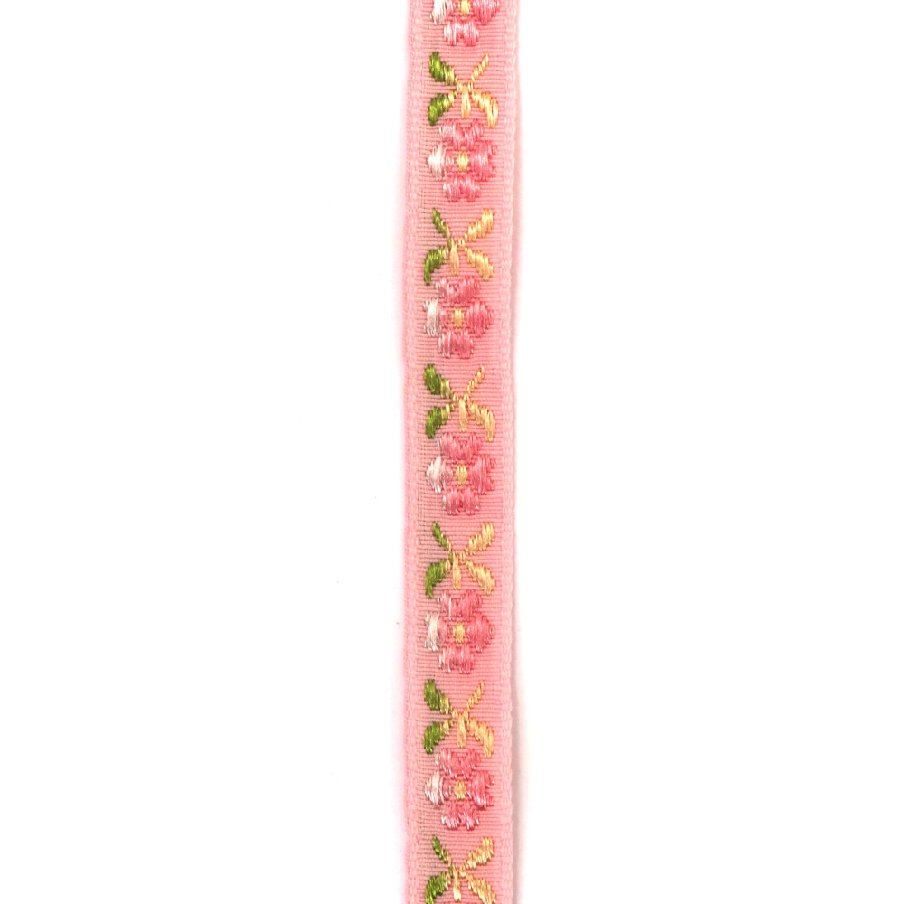 Nastro passamaneria decorativo 12 mm, rosa con fiori rosa e foglie gialle e verdi - 5 metri per fai da te e cucito creativo
