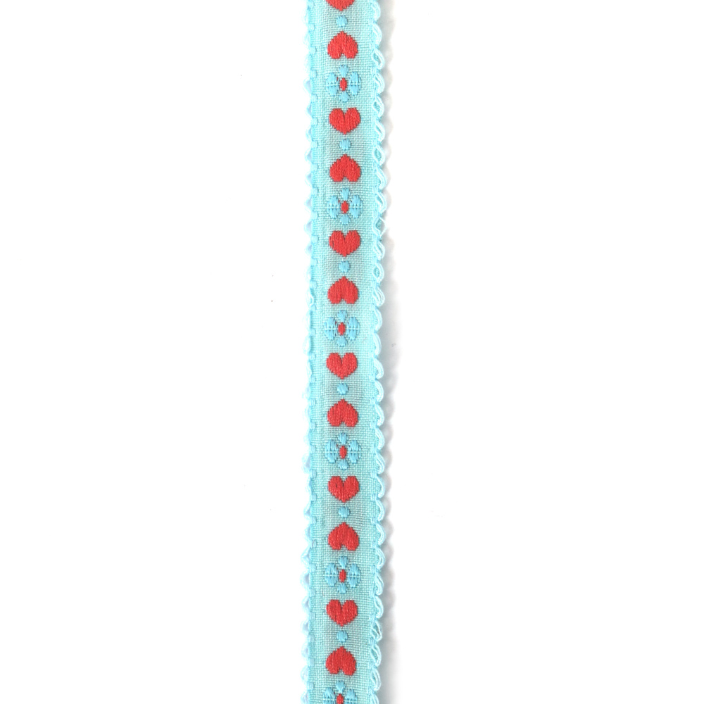 Dekorační lemovka 12 mm – světle modrá s korálovými srdíčky, světle modrými květy, puntíky a světle modrým okrajem, 5 m