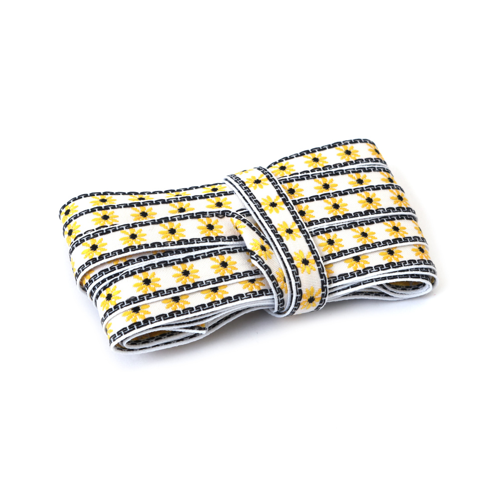 Panglică decorativă albă 11 mm cu flori galbene și margine neagră, 5 m