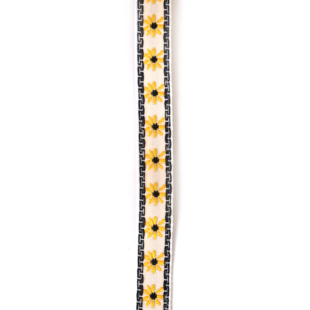 Panglică decorativă albă 11 mm cu flori galbene și margine neagră, 5 m