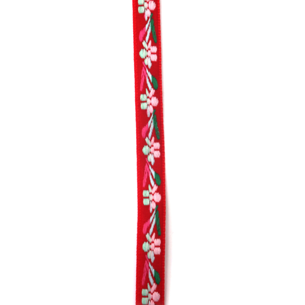 Díszítő szegőszalag 10 mm, piros alapon halvány rózsaszín, rózsaszín, világoskék, menta és zöld – 5 méter