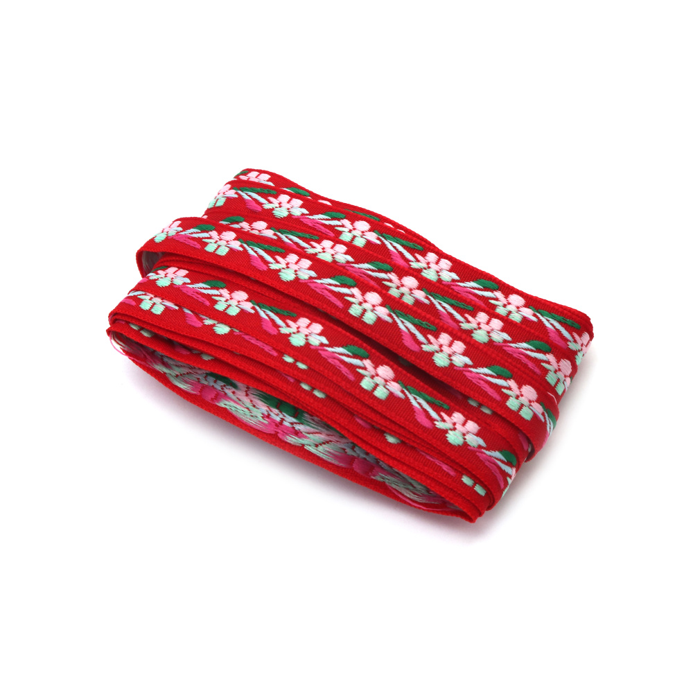 Díszítő szegőszalag 10 mm, piros alapon halvány rózsaszín, rózsaszín, világoskék, menta és zöld – 5 méter