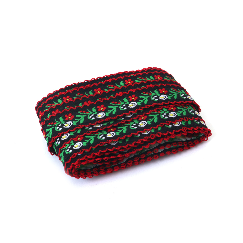 Exkluzivní ozdobná stuha – lemovka 16 mm, černá s mixem bílé, červené, žluté a zelené | prémiový návin 5 m pro elegantní kreativní tvoření