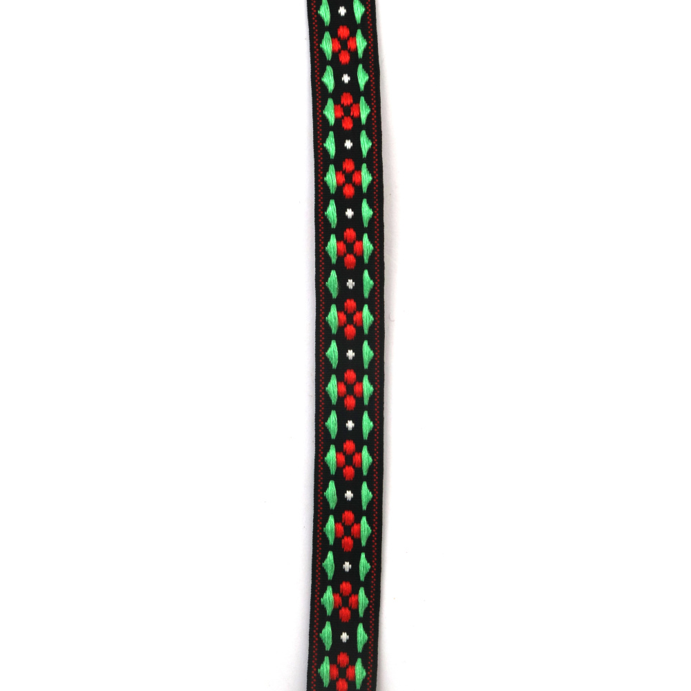 Ширит 10 мм, черен, с бели точки, червени цветя и зелени триъгълници -5 метра