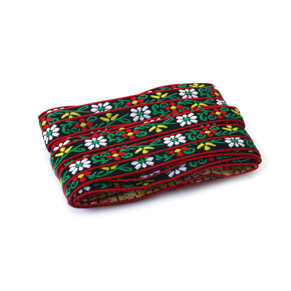 Dekorační lemovací stuha 10 mm, černá s bílými, červenými, žlutými a zelenými vzory, červený lem – 5 m