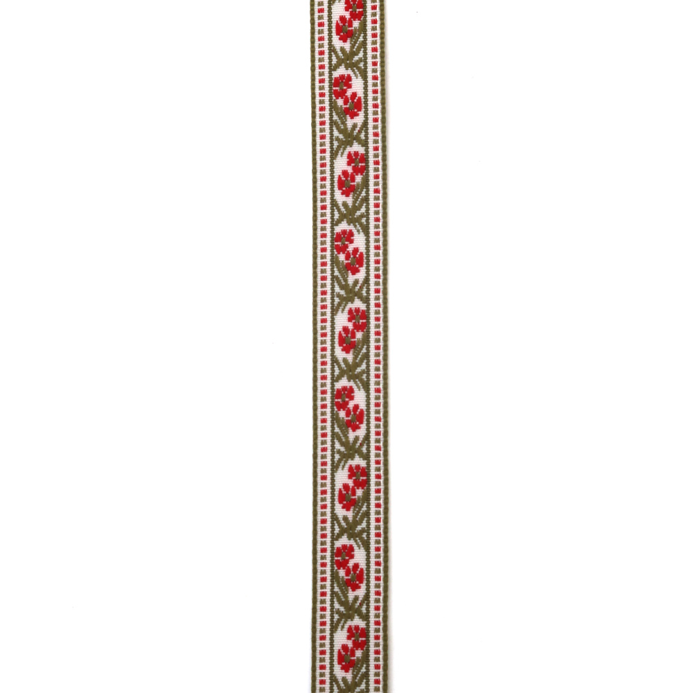 Nastro Decorativo 15 mm, Bianco con dettagli in rosso e verde pallido - 5 metri