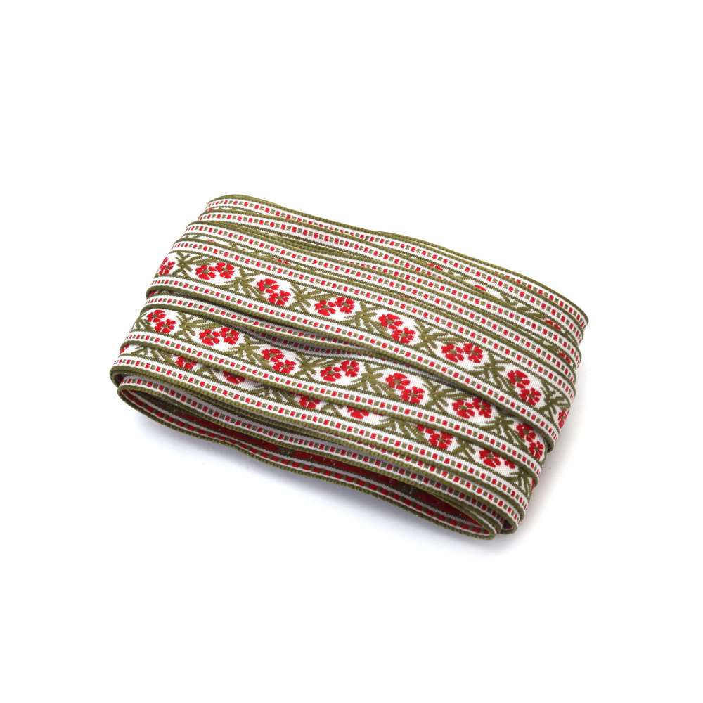 Nastro Decorativo 15 mm, Bianco con dettagli in rosso e verde pallido - 5 metri