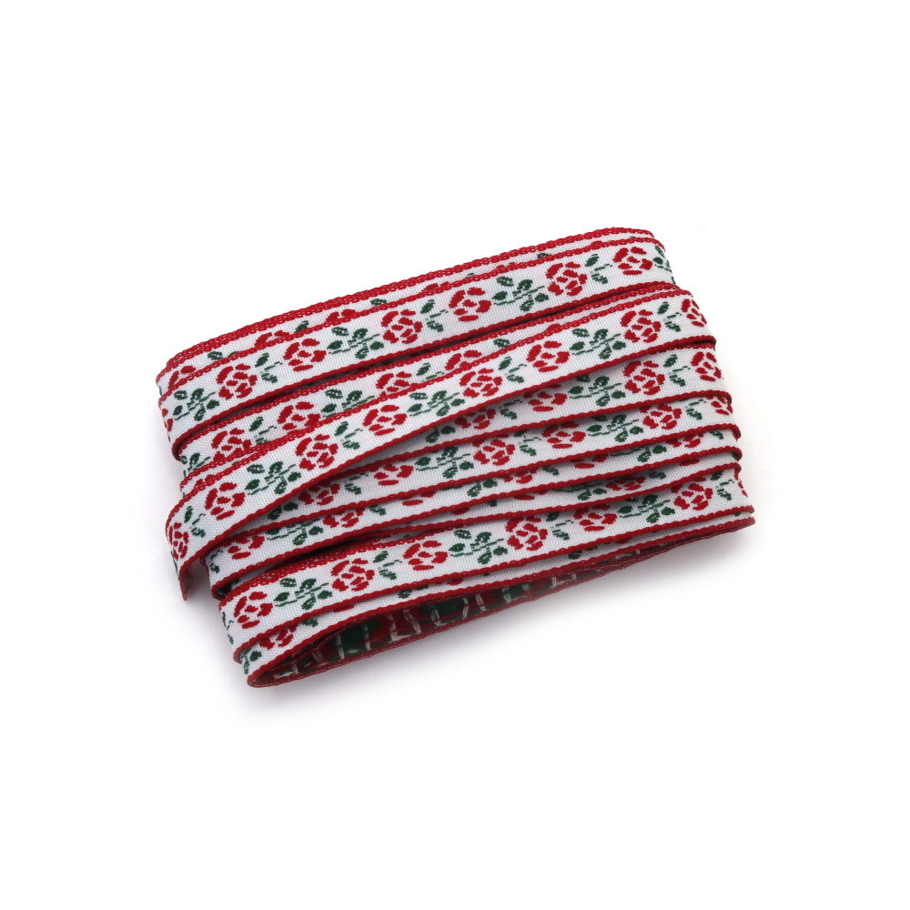 Ширит 10 мм, бял, с червени цветя, зелени клонки с листа и червен кант -5 метра