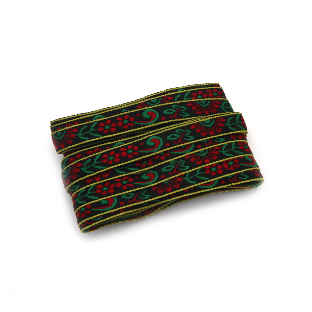 Ширит 10 мм, черен, с червено, зелено и бледозелен кант -5 метра