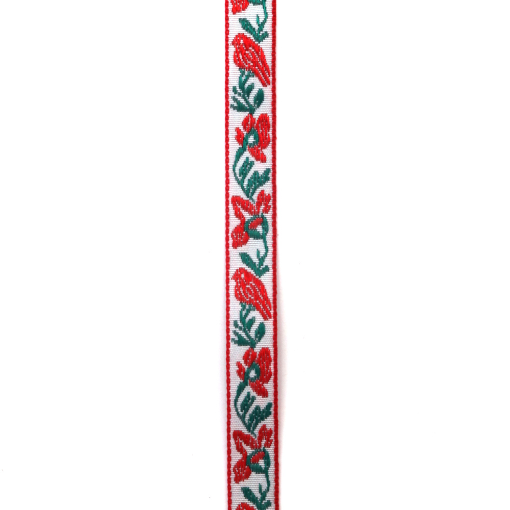 Nastro decorativo floreale in passamaneria 12 mm – bianco con fiori rossi e rami verdi, 5 m per creazioni eleganti fai da te