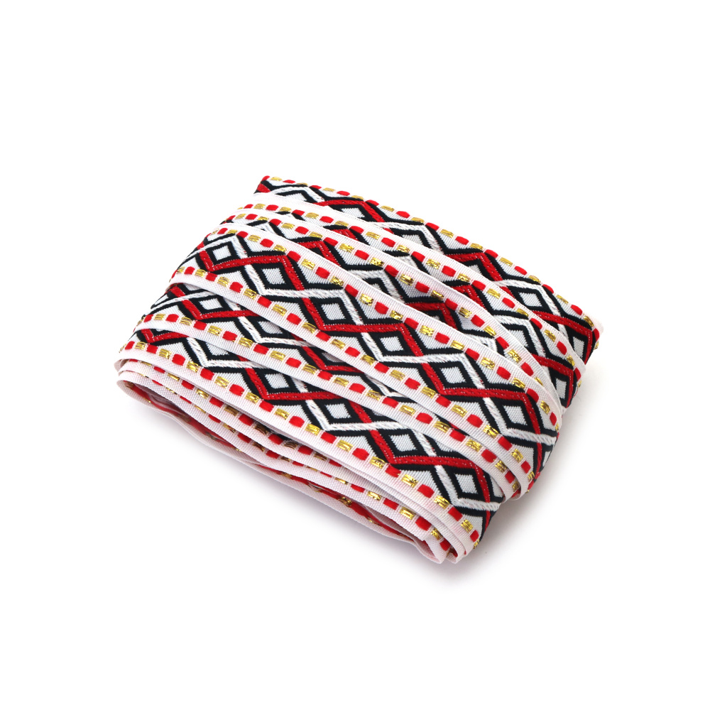 Passamaneria decorativa 20 mm, bianca con fili Lurex rosso, nero, bianco e oro - 5 metri